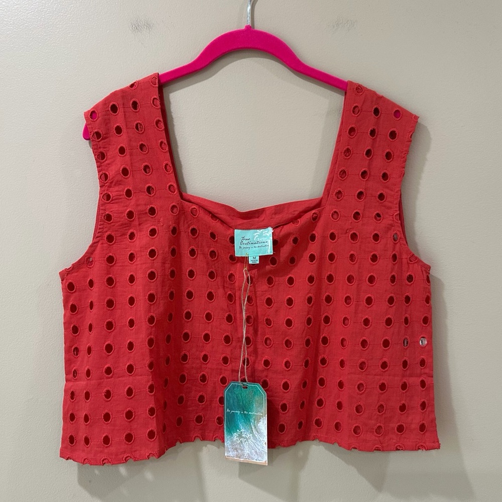 NWT True destinations orange Cotton Embroidered Eyelet Crop Tank Top womens m
